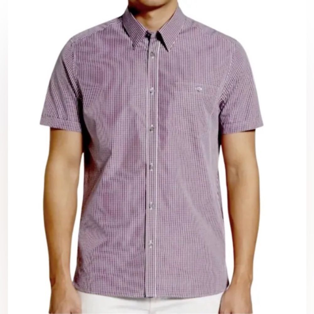 TED BAKER Spy Eye Checkered Slim Short Sleeve Button Down Shirt Purple Sz 6 Larg